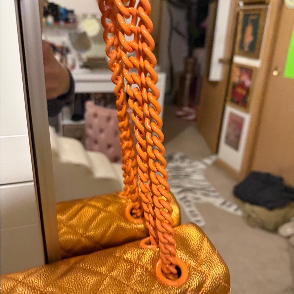 Kurt Geiger Gold Quilted Bag with Orange Chain - Picture 5 of 9